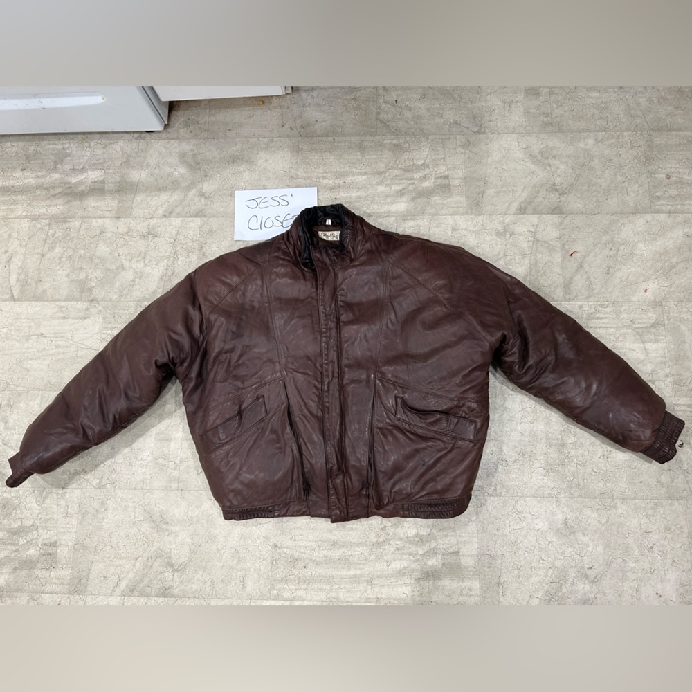 Philippe Monet Men's Brown Leather Bomber Jacket Size 46